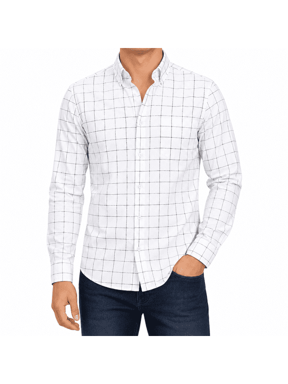 Men's Windowpane Check Button Down Shirt, Long Sleeve Tailored Fit Business Casual Dress Shirt