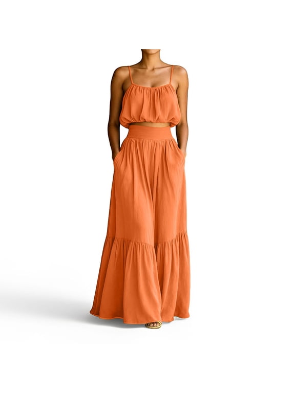 Women's 2 Piece Vacation Set, Spaghetti Strap Crop Top and High Waist Tiered Maxi Skirt with Pockets
