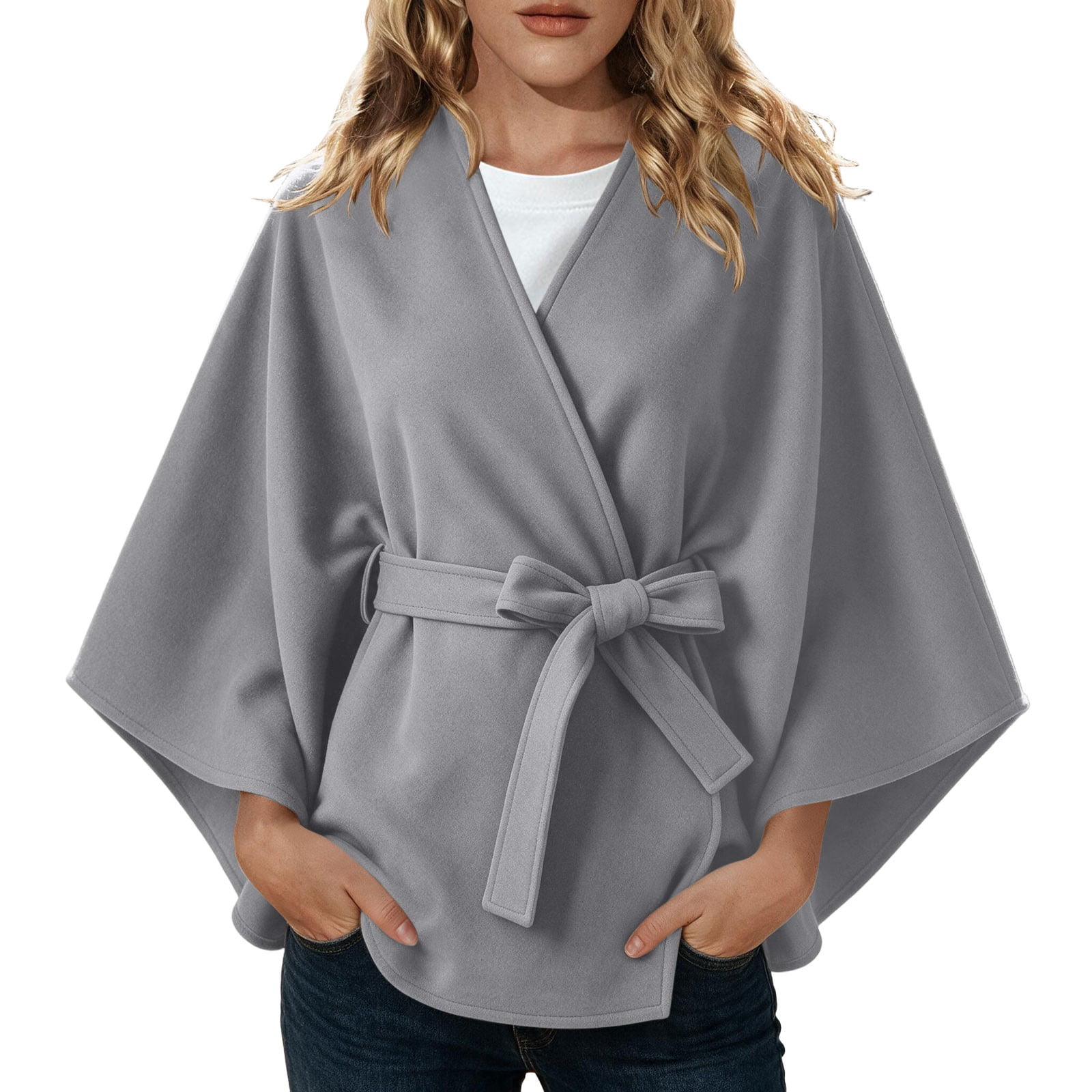 Dpjklzsn Women's Belted Cape Coat Wrap Poncho Batwing Sleeve Outerwear ...