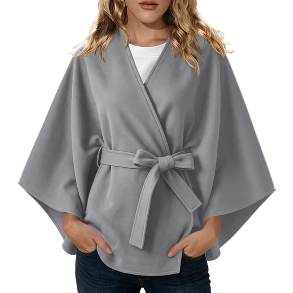 Dpjklzsn Women's Belted Cape Coat Wrap Poncho Batwing Sleeve Outerwear ...