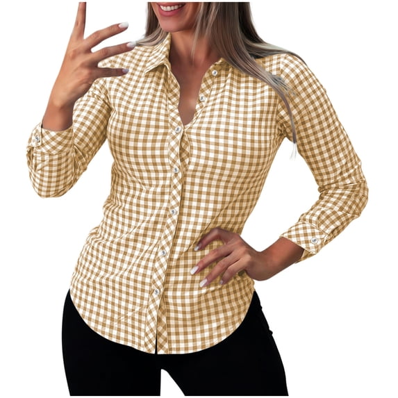 Dpjklzsn Women's Check Button Down Shirt, Collared Long Sleeve Blouse for Casual Workwear and Everyday Layering