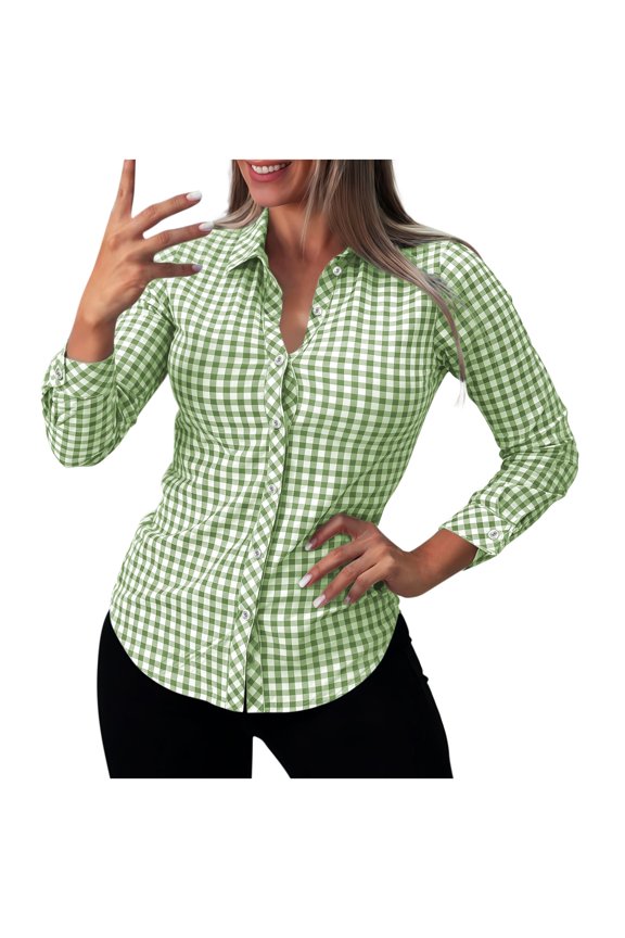Women's Check Button Down Shirt, Collared Long Sleeve Blouse for Casual Workwear and Everyday Layering
