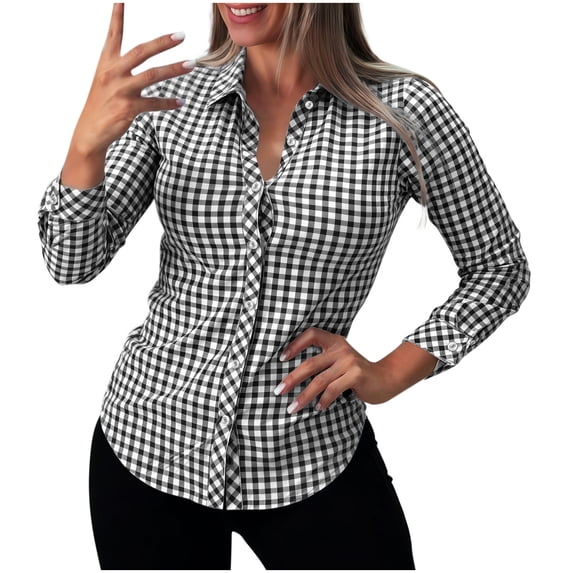 Dpjklzsn Women's Check Button Down Shirt, Collared Long Sleeve Blouse for Casual Workwear and Everyday Layering