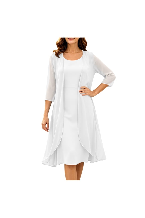 Women's Chiffon 2 Piece Dress Set, Sleeveless Round Neck Knee Length Dress with 3/4 Sleeve Cardigan