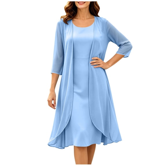 Dpjklzsn Women's Chiffon 2 Piece Dress Set, Sleeveless Round Neck Knee Length Dress with 3/4 Sleeve Cardigan