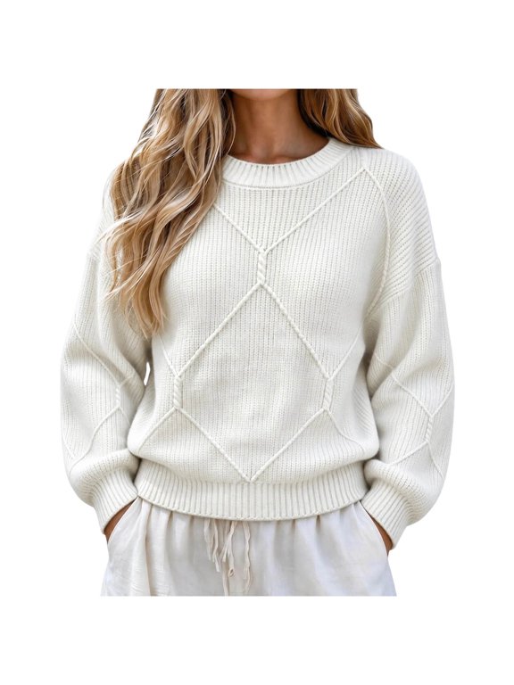 Women's Chunky Cable Knit Crewneck Sweater Diamond Pattern Balloon Sleeve Pullover Top