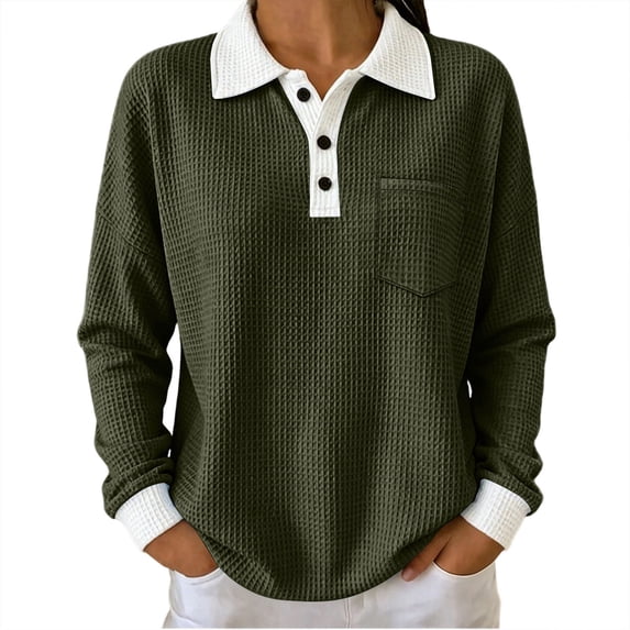 Dpjklzsn Women's Contrast Waffle Polo Top, Long Sleeve Button Pullover with Chest Pocket for Fall Winter Casual Wear