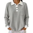 thumbnail image 1 of Dpjklzsn Women's Contrast Waffle Polo Top, Long Sleeve Button Pullover with Chest Pocket for Fall Winter Casual Wear, 1 of 9
