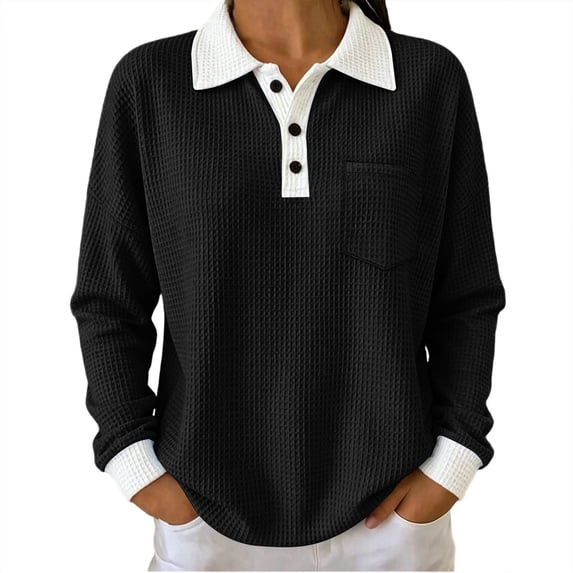 Dpjklzsn Women's Contrast Waffle Polo Top, Long Sleeve Button Pullover with Chest Pocket for Fall Winter Casual Wear