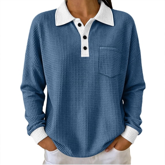 Dpjklzsn Women's Contrast Waffle Polo Top, Long Sleeve Button Pullover with Chest Pocket for Fall Winter Casual Wear