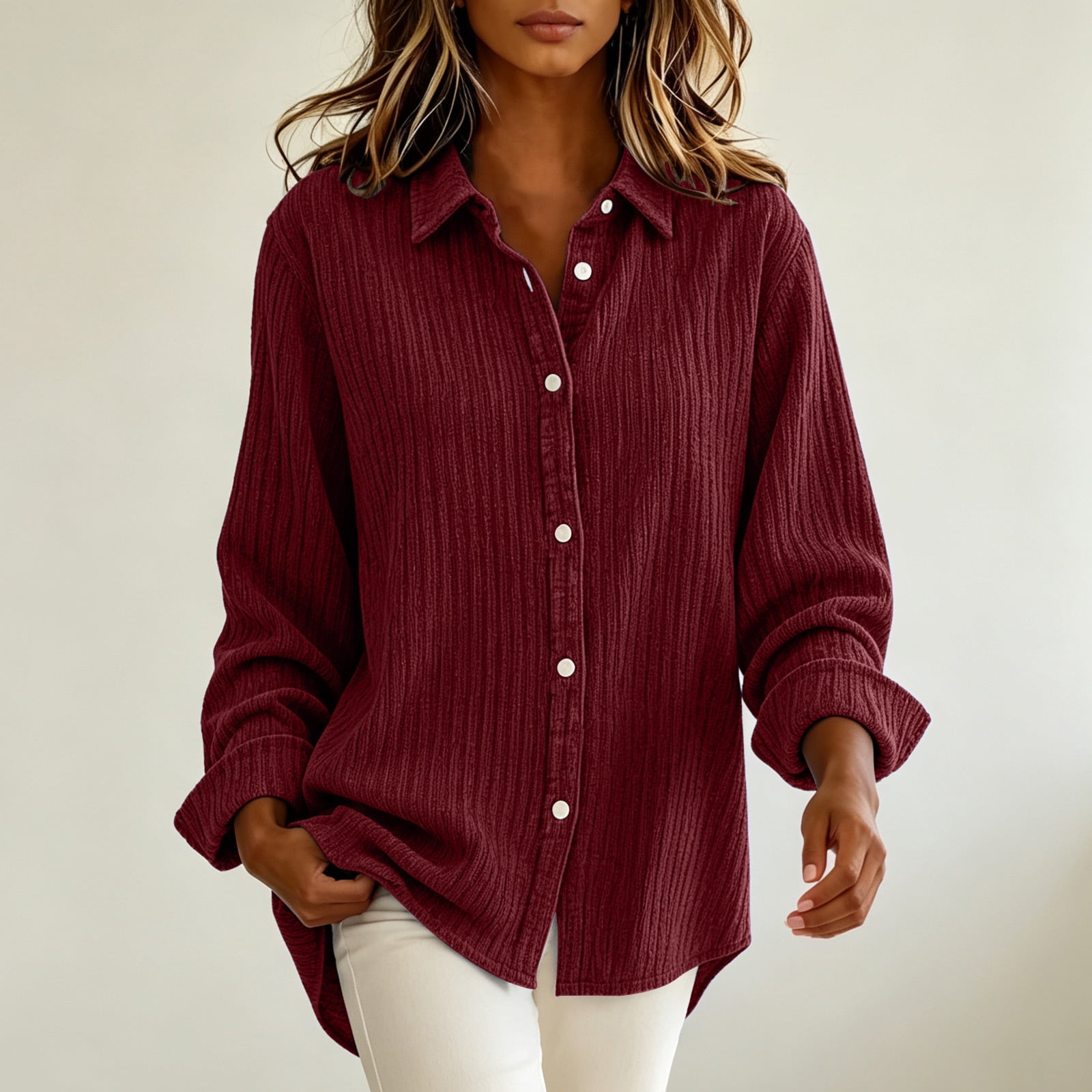 Dpjklzsn Women's Corduroy Button Down Shirt, Long Sleeve Collared ...