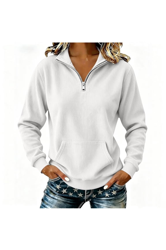 Women's Corduroy Half Zip Pullover, Stand Collar Long Sleeve Top with Chest Pocket for Casual Wear
