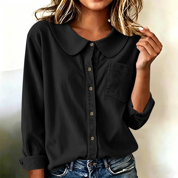 Dpjklzsn Women's Corduroy Long-Sleeve Peter Pan Collar Button-Front Blouse