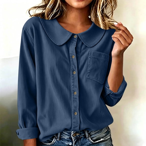 Dpjklzsn Women's Corduroy Long-Sleeve Peter Pan Collar Button-Front Blouse