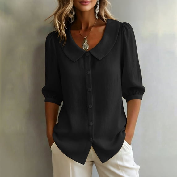 Dpjklzsn Women's Cotton Blend Short Puff-Sleeve Peter Pan Collar Button-Front Blouse