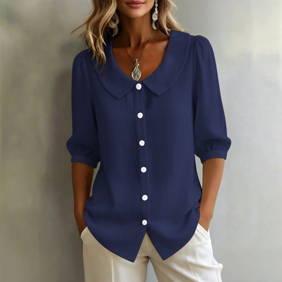 Dpjklzsn Women's Cotton Blend Short Puff-Sleeve Peter Pan Collar Button-Front Blouse