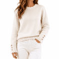 thumbnail image 1 of Dpjklzsn Women's Cotton Knit Crewneck Sweater, Lace Trim Long Sleeve Pullover with Decorative Button Cuffs, 1 of 9