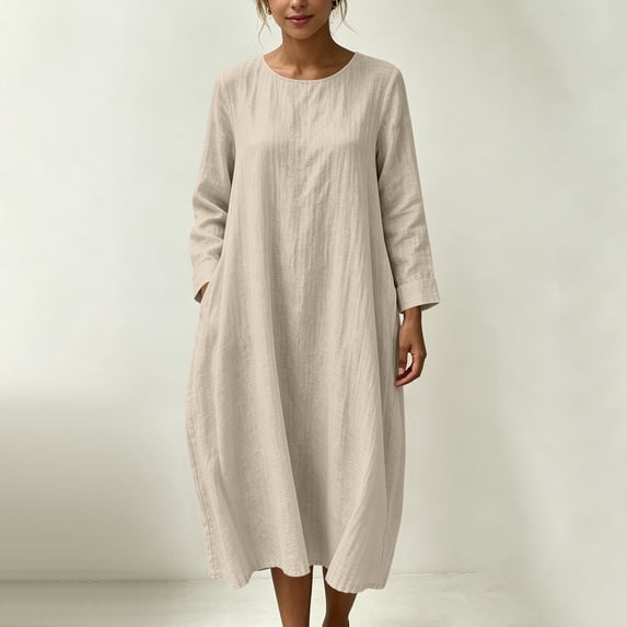 Dpjklzsn Women's Cotton Linen Blend Round Neck Maxi Dress with Long Sleeves, Side Pockets and Relaxed Fit