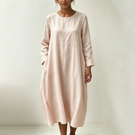 Dpjklzsn Women's Cotton Linen Blend Round Neck Maxi Dress with Long Sleeves, Side Pockets and Relaxed Fit