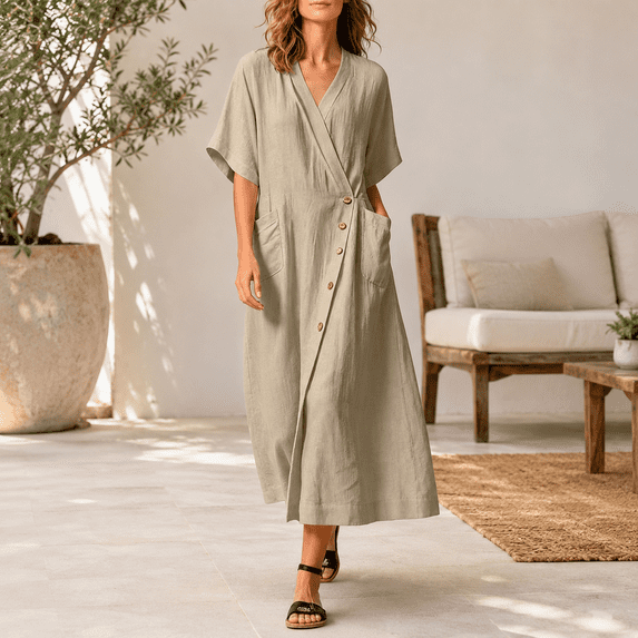 Dpjklzsn Women's Cotton Linen Button Down Dress, V Neck Short Sleeve Loose Fit Maxi Shirt Dress with Pockets