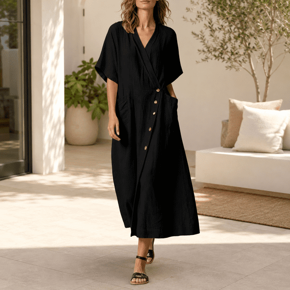 Dpjklzsn Women's Cotton Linen Button Down Dress, V Neck Short Sleeve Loose Fit Maxi Shirt Dress with Pockets
