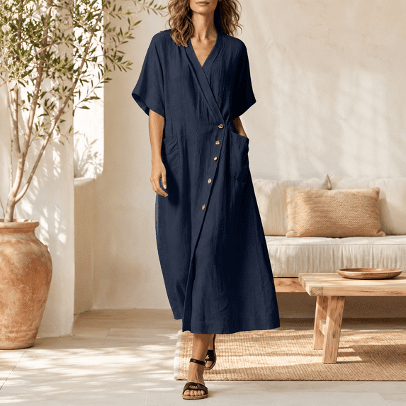Dpjklzsn Women's Cotton Linen Button Down Dress, V Neck Short Sleeve Loose Fit Maxi Shirt Dress with Pockets