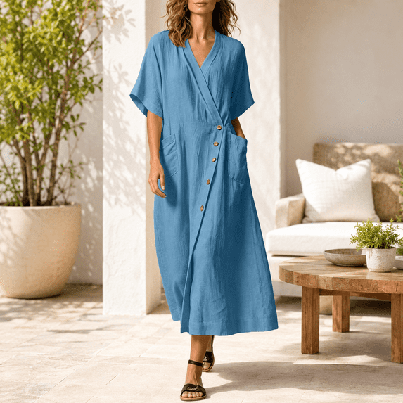 Dpjklzsn Women's Cotton Linen Button Down Dress, V Neck Short Sleeve Loose Fit Maxi Shirt Dress with Pockets