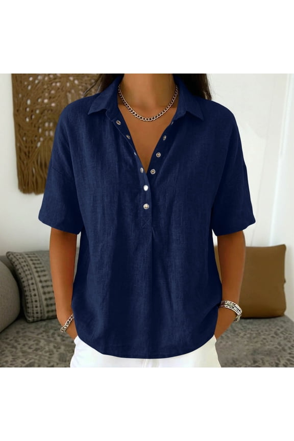 Women's Cotton Linen Collared Popover Shirt Casual Short Sleeve Button V Neck Blouse