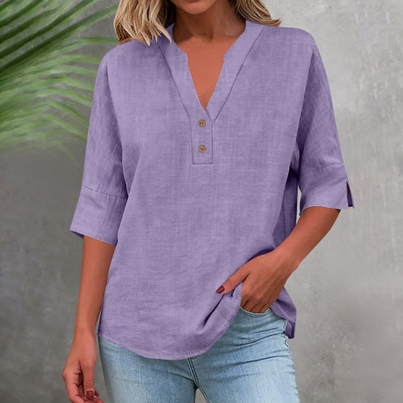 Dpjklzsn Women's Cotton Linen Henley Blouse, Mid Sleeve V-Neck Summer Shirt