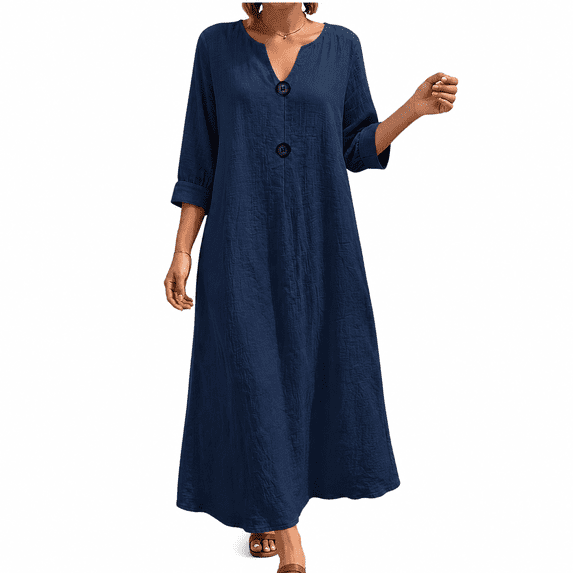 Dpjklzsn Women's Cotton Linen Maxi Dress, 3/4 Sleeve Split Neck Button Detail Loose Fit Casual Long Dress