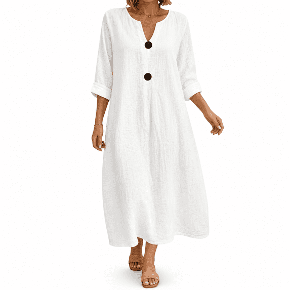 Dpjklzsn Women's Cotton Linen Maxi Dress, 3/4 Sleeve Split Neck Button Detail Loose Fit Casual Long Dress