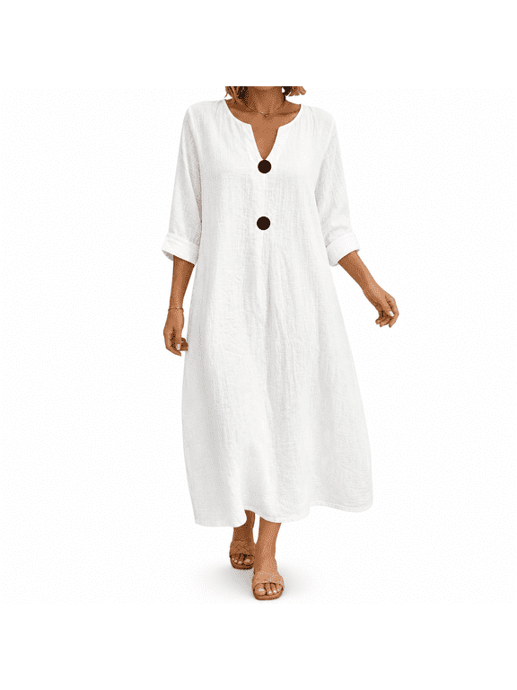 Women's Cotton Linen Maxi Dress, 3/4 Sleeve Split Neck Button Detail Loose Fit Casual Long Dress