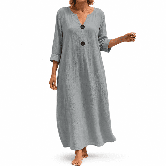 Dpjklzsn Women's Cotton Linen Maxi Dress, 3/4 Sleeve Split Neck Button Detail Loose Fit Casual Long Dress