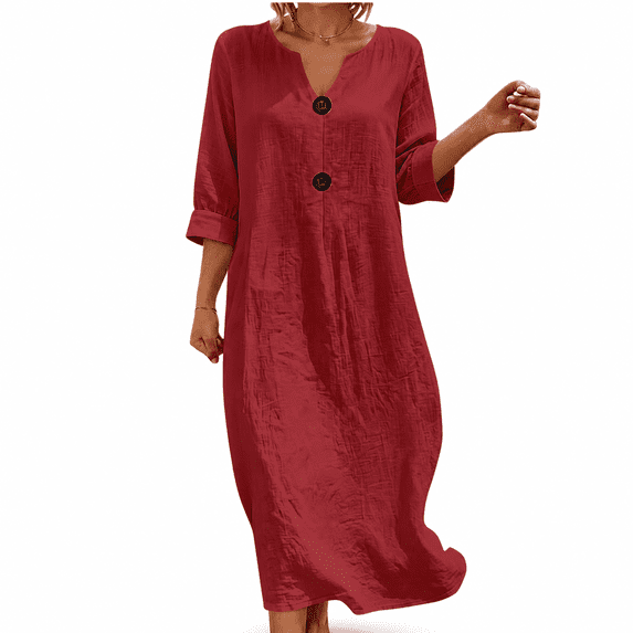 Dpjklzsn Women's Cotton Linen Maxi Dress, 3/4 Sleeve Split Neck Button Detail Loose Fit Casual Long Dress