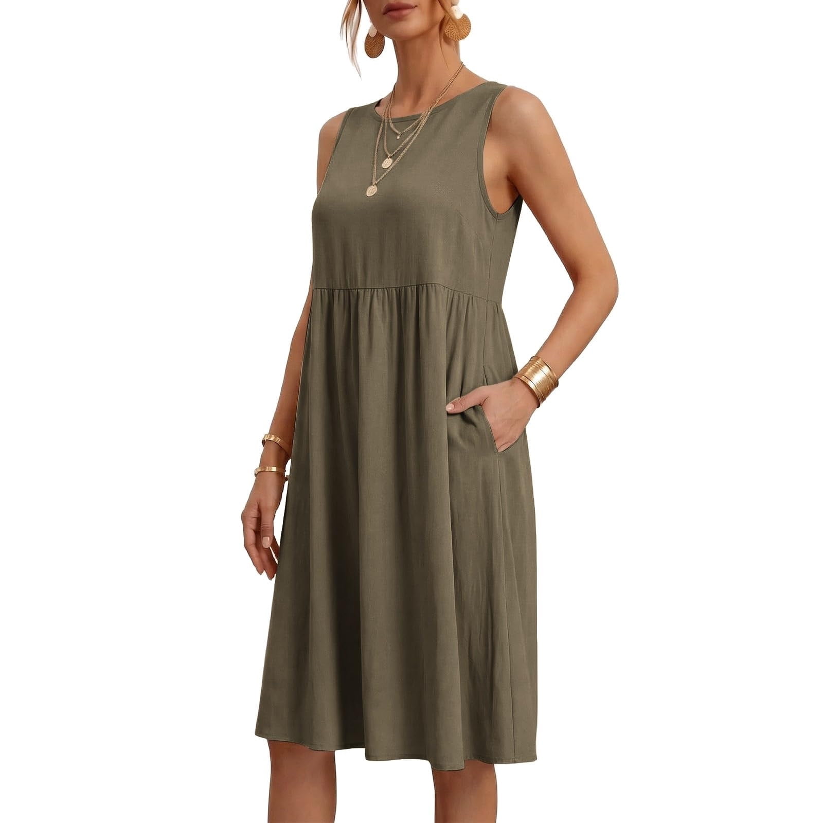 gathered sleeveless midi dress Nobody's Child Vera gathered waist sleeveless midi dress in khaki