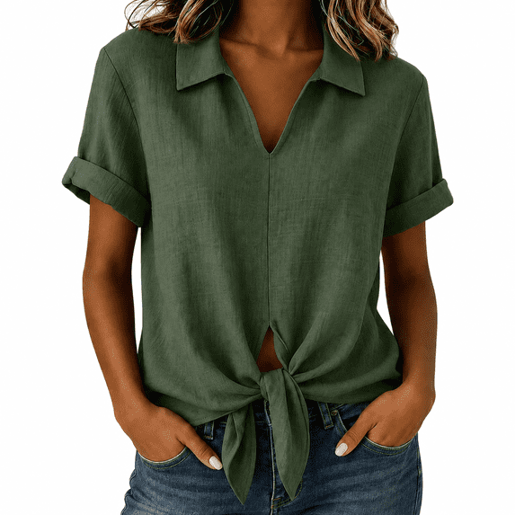 Dpjklzsn Women's Cotton Linen Tie Front Shirt, Short Sleeve Collared Summer Blouse