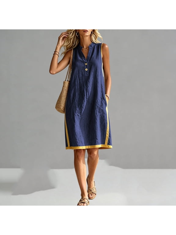 Women's Cotton Linen V Neck Shift Dress, Sleeveless Button Front Midi Dress with Pockets and Contrast Trim
