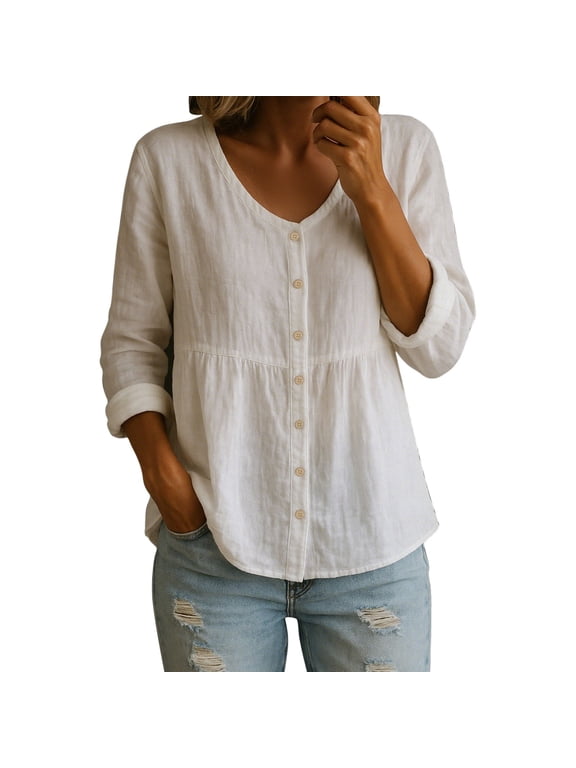 Women's Cotton Linen V-Neck Tunic Blouse, Long Sleeve Peasant Shirt