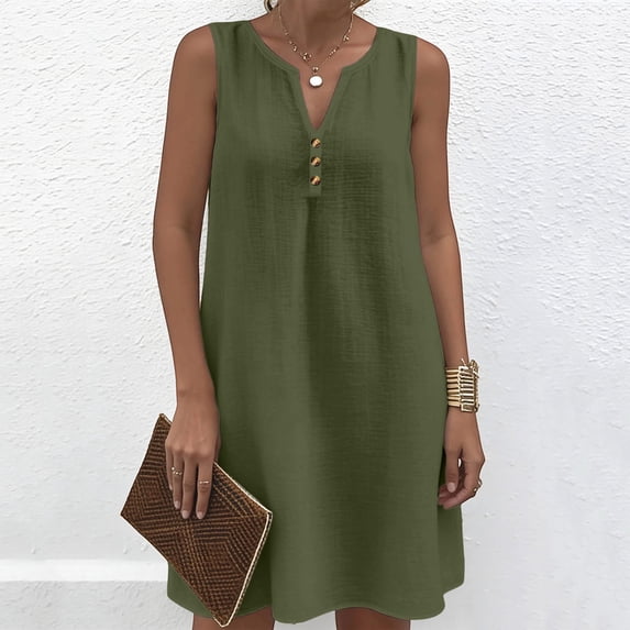 Dpjklzsn Women's Cotton Sleeveless Shift Dress, V-Neck Button-Front Casual Summer Mini Dress