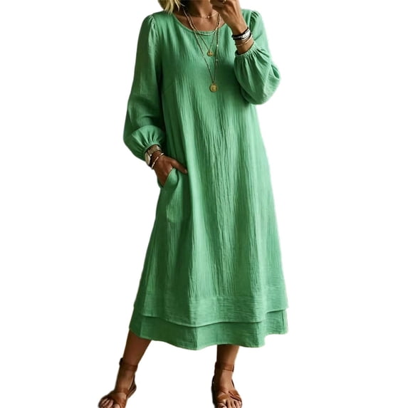 Dpjklzsn Women's Crew Neck Long Sleeve Maxi Dress, Relaxed Fit Layered Hem Casual Dress with Side Pockets