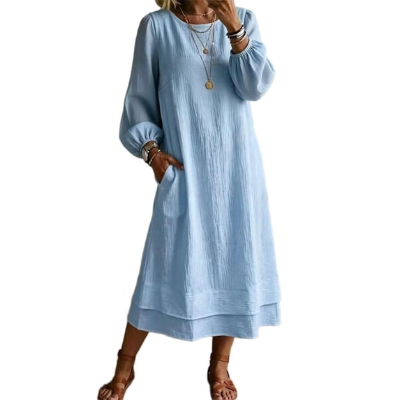 Dpjklzsn Women's Crew Neck Long Sleeve Maxi Dress, Relaxed Fit Layered Hem Casual Dress with Side Pockets