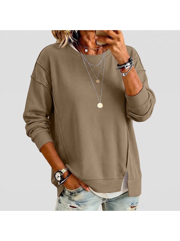 Women's Crewneck Long Sleeve Tunic Top with Drop Shoulders and Side Slits