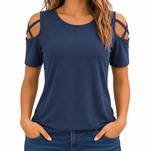 Dpjklzsn Women's Cutout Shoulder T-Shirt, Short Sleeve Crew Neck Cinched Waist Top