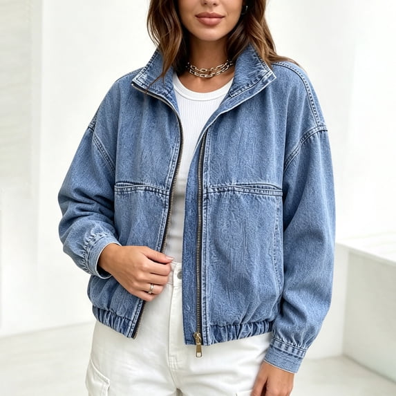 Dpjklzsn Women's Denim Full Zip Jacket, Stand Collar Long Sleeve Casual Outerwear with Elastic Hem