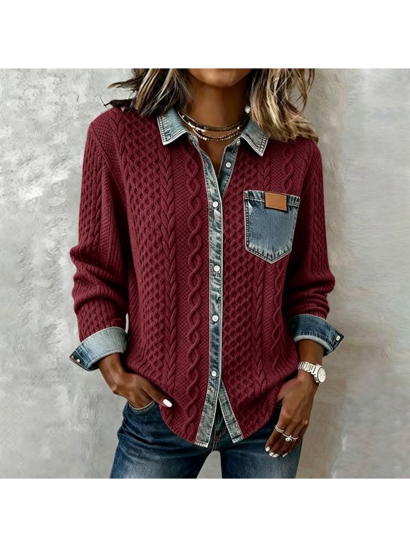 Women's Denim Patchwork Shirt Jacket, Long Sleeve Button Front Casual Layering Top
