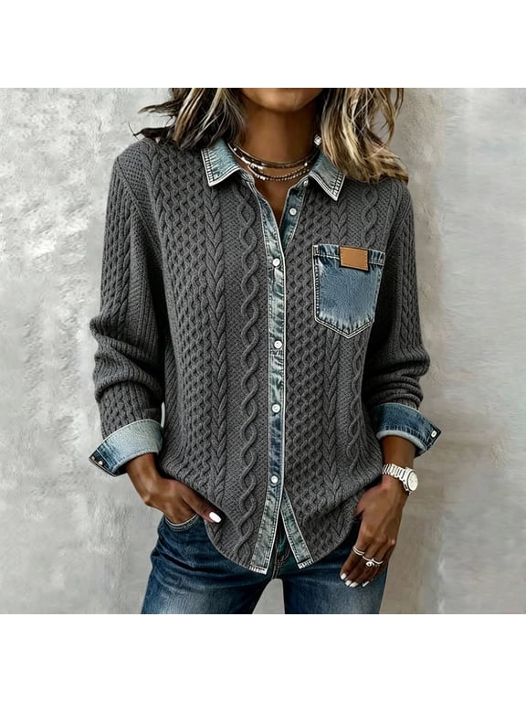 Women's Denim Patchwork Shirt Jacket, Long Sleeve Button Front Casual Layering Top