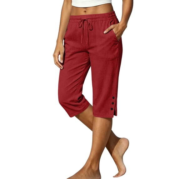 Dpjklzsn Women's Drawstring Capri Pants with Buttoned Side Slits and Side Pockets for Summer Travel