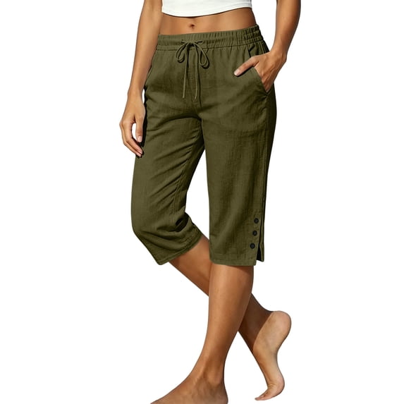 Dpjklzsn Women's Drawstring Capri Pants with Buttoned Side Slits and Side Pockets for Summer Travel