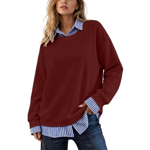 Dpjklzsn Women's Faux Layered Sweatshirt, Striped Collared Shirt Hem Long Sleeve Crewneck Pullover, Relaxed Casual Top
