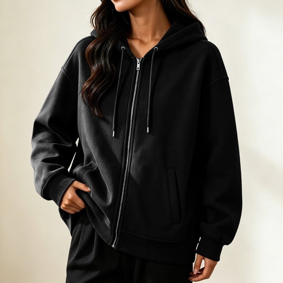 Dpjklzsn Women's Full Zip Hoodie, Long Sleeve Relaxed Sweatshirt with Drawstring Hood and Front Pockets for Everyday Wear